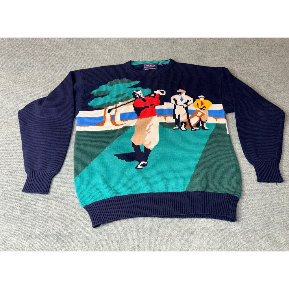 Hathaway Golf Intarsia Sweater Mens Large Navy Cotton Vintage Crewneck Golfcore